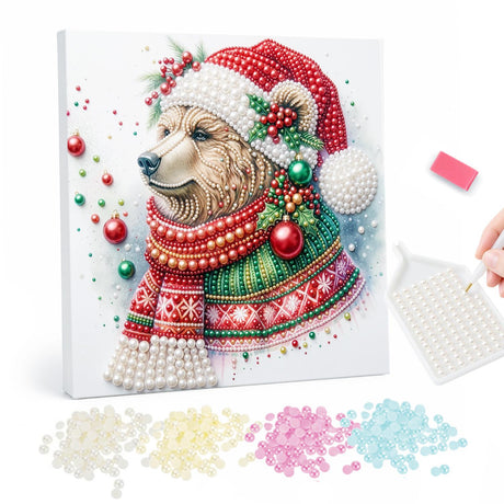 Brown Bear in a Christmas Sweater pearl painting – Brown bear in a Santa hat with holly wearing a red and green knit sweater and scarf