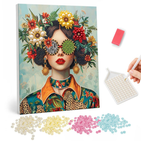 Mismatched Shades Flower Diva pearl painting – Woman with red lips in quirky flower sunglasses, one zebra-print lens, with flowers in her hair