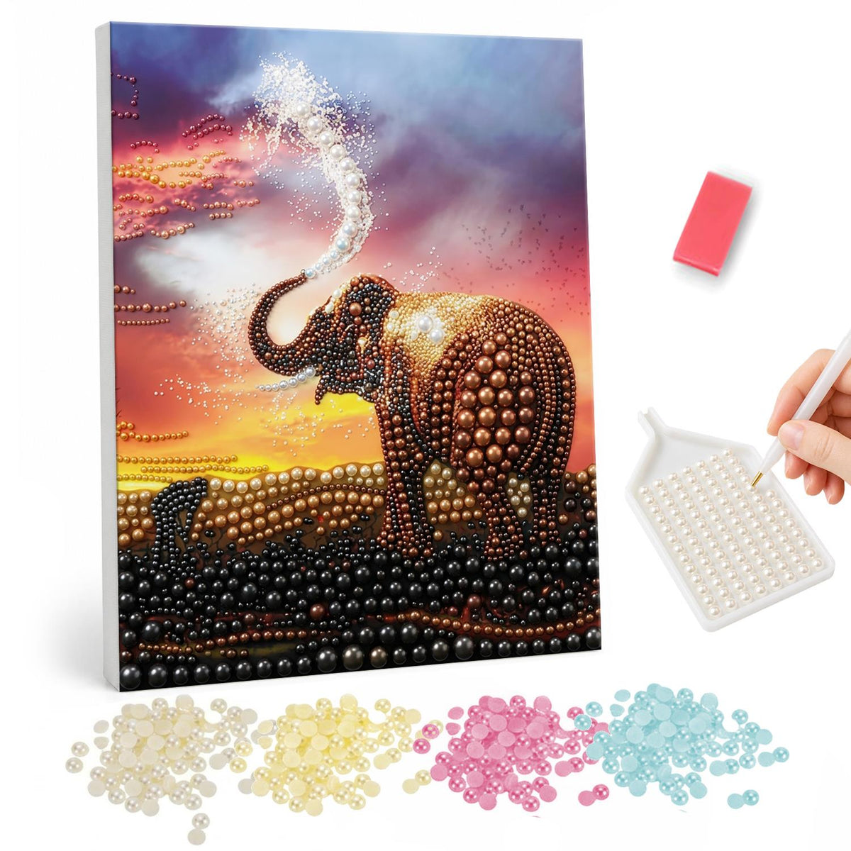 Elephant Spraying at Sunset pearl painting – Elephant raising its trunk to spray water against a glowing orange and purple sunset sky