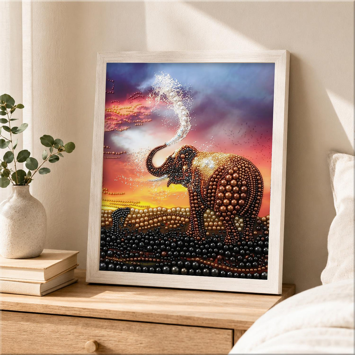 Elephant Spraying at Sunset pearl painting – image 2