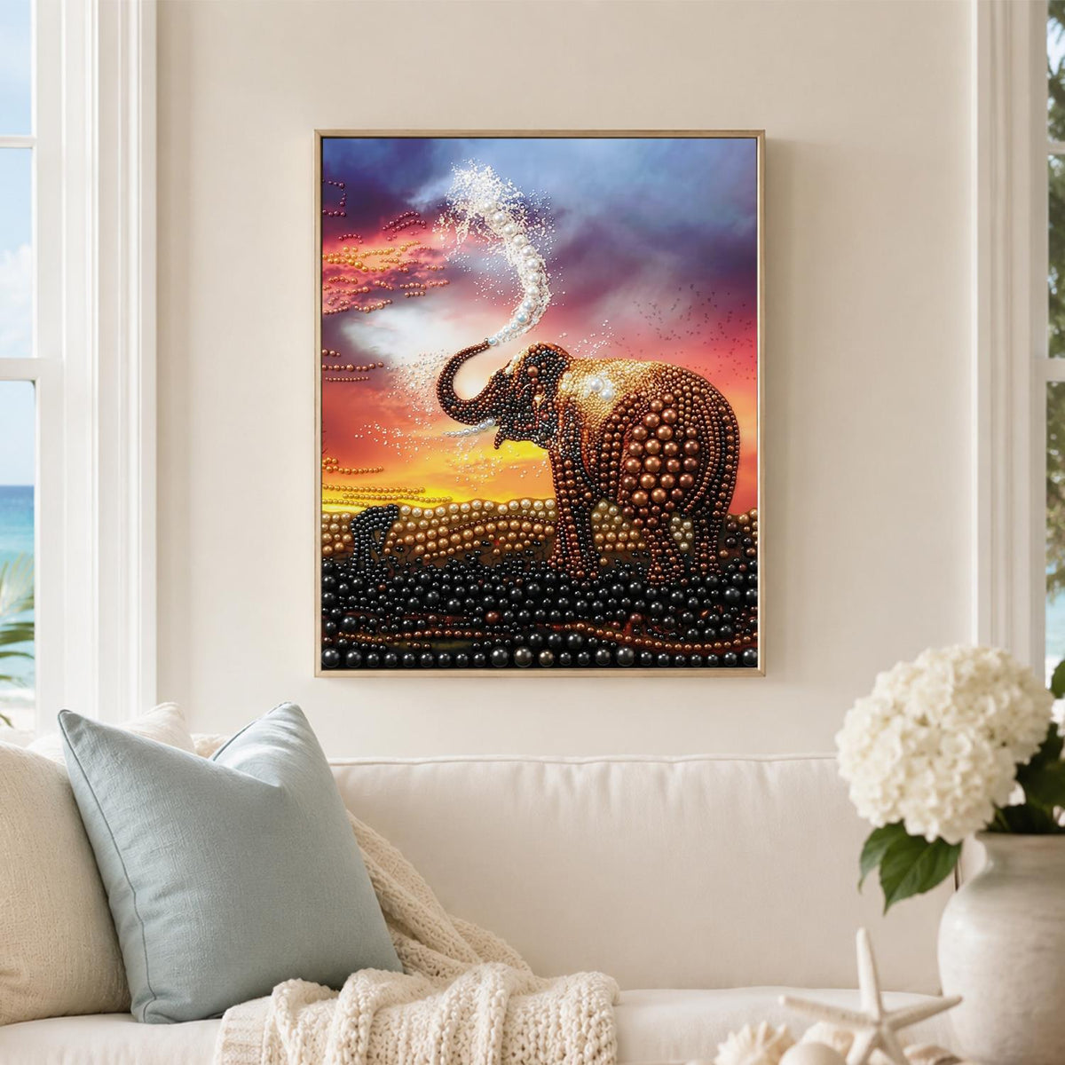 Elephant Spraying at Sunset pearl painting – image 3