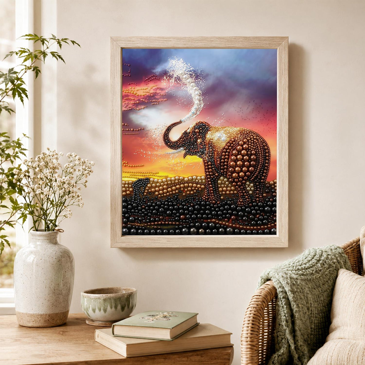 Elephant Spraying at Sunset pearl painting – image 4