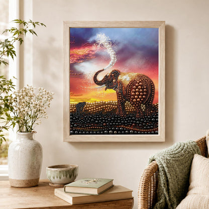 Elephant Spraying at Sunset pearl painting – image 4