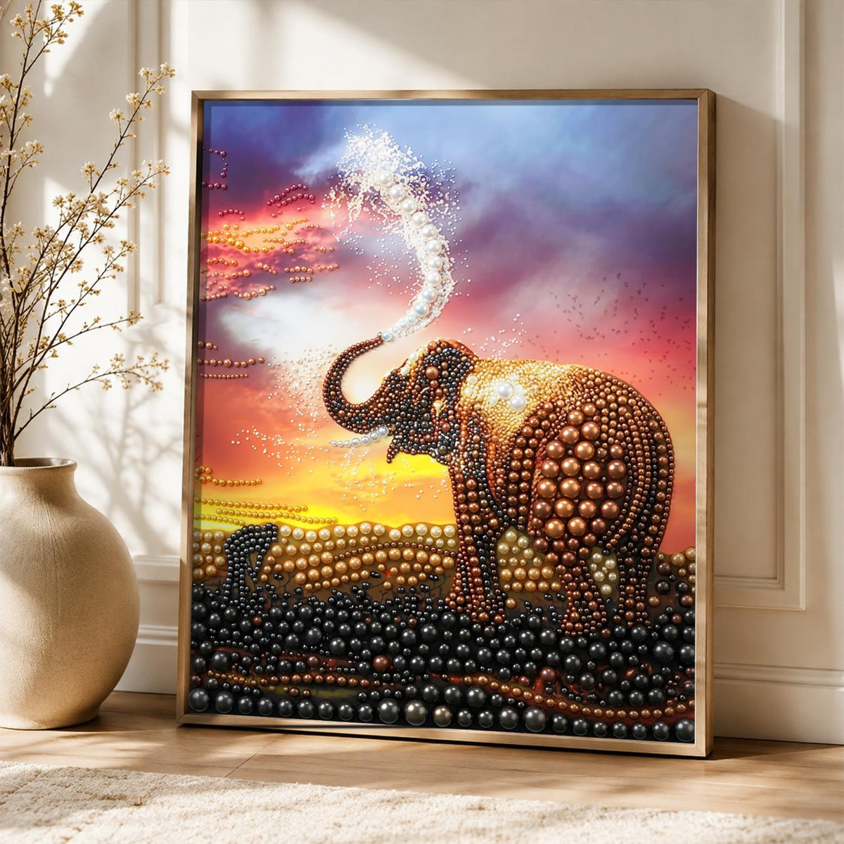 Elephant Spraying at Sunset pearl painting – image 5