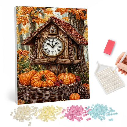Cuckoo Clock Cottage in Autumn pearl painting – Carved wooden cuckoo clock shaped like a cottage above a wicker basket of pumpkins in autumn woods