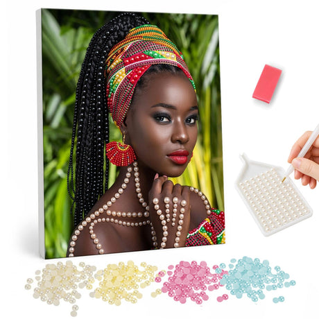 Long Braids and Bright Headwrap pearl painting – Woman with long braids, a red, yellow and green headwrap and strands of beads against tropical leaves