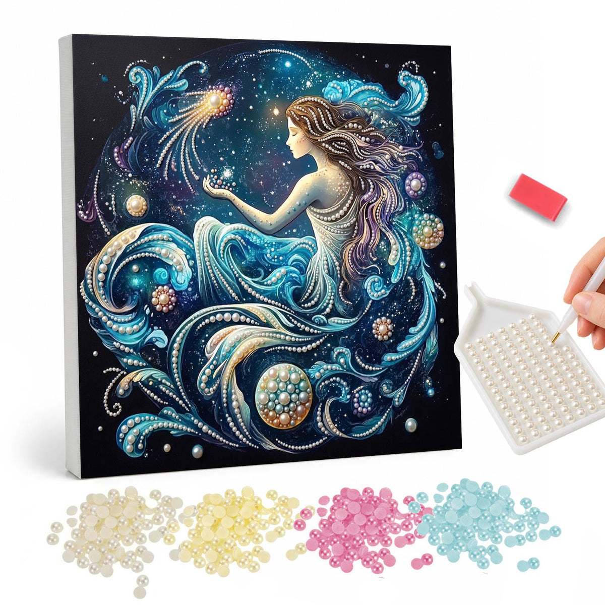 Mermaid in Cosmic Waves pearl painting – Mermaid with long hair reclining on swirling blue waves under a starry night sky