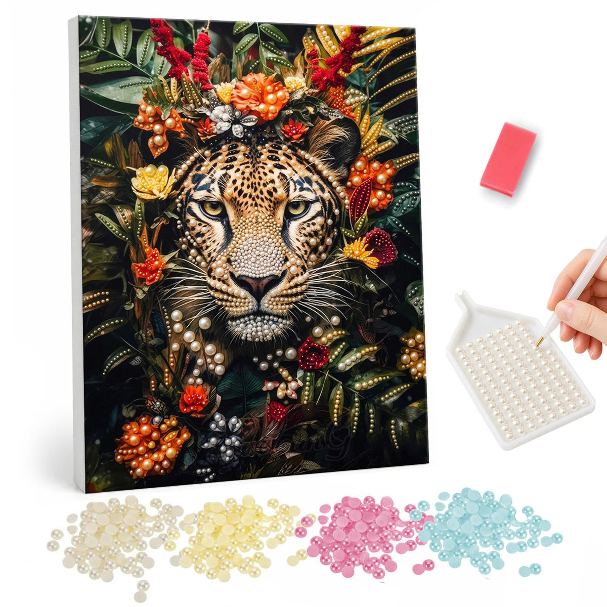 Leopard Framed in Red Blooms pearl painting – Leopard face framed by red and orange tropical flowers and dark green leaves
