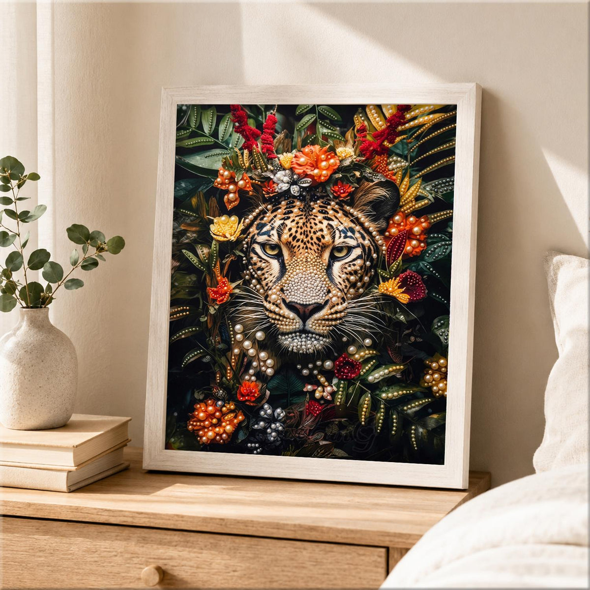Leopard Framed in Red Blooms pearl painting – image 2