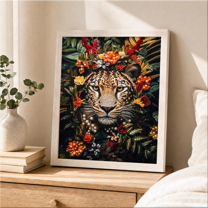 Leopard Framed in Red Blooms pearl painting – image 2