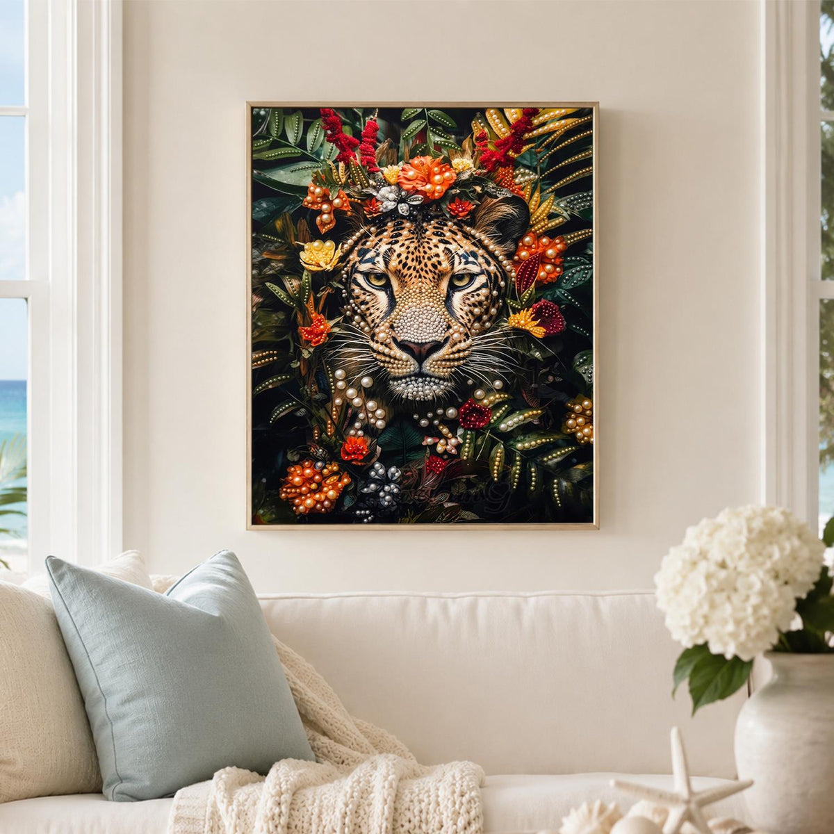 Leopard Framed in Red Blooms pearl painting – image 3