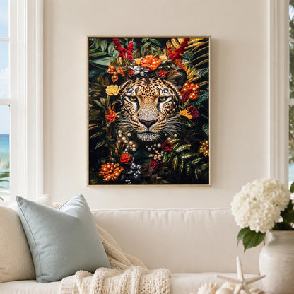 Leopard Framed in Red Blooms pearl painting – image 3