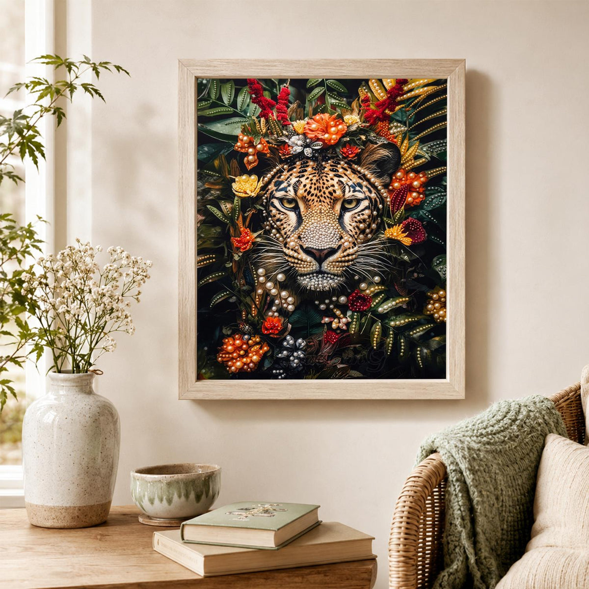 Leopard Framed in Red Blooms pearl painting – image 4