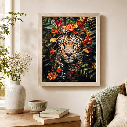 Leopard Framed in Red Blooms pearl painting – image 4