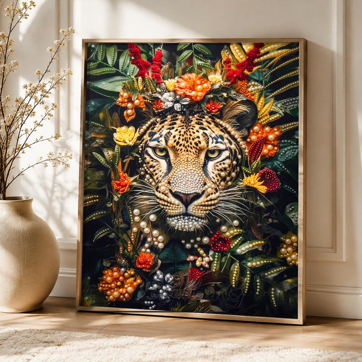 Leopard Framed in Red Blooms pearl painting – image 5