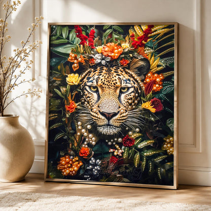 Leopard Framed in Red Blooms pearl painting – image 5