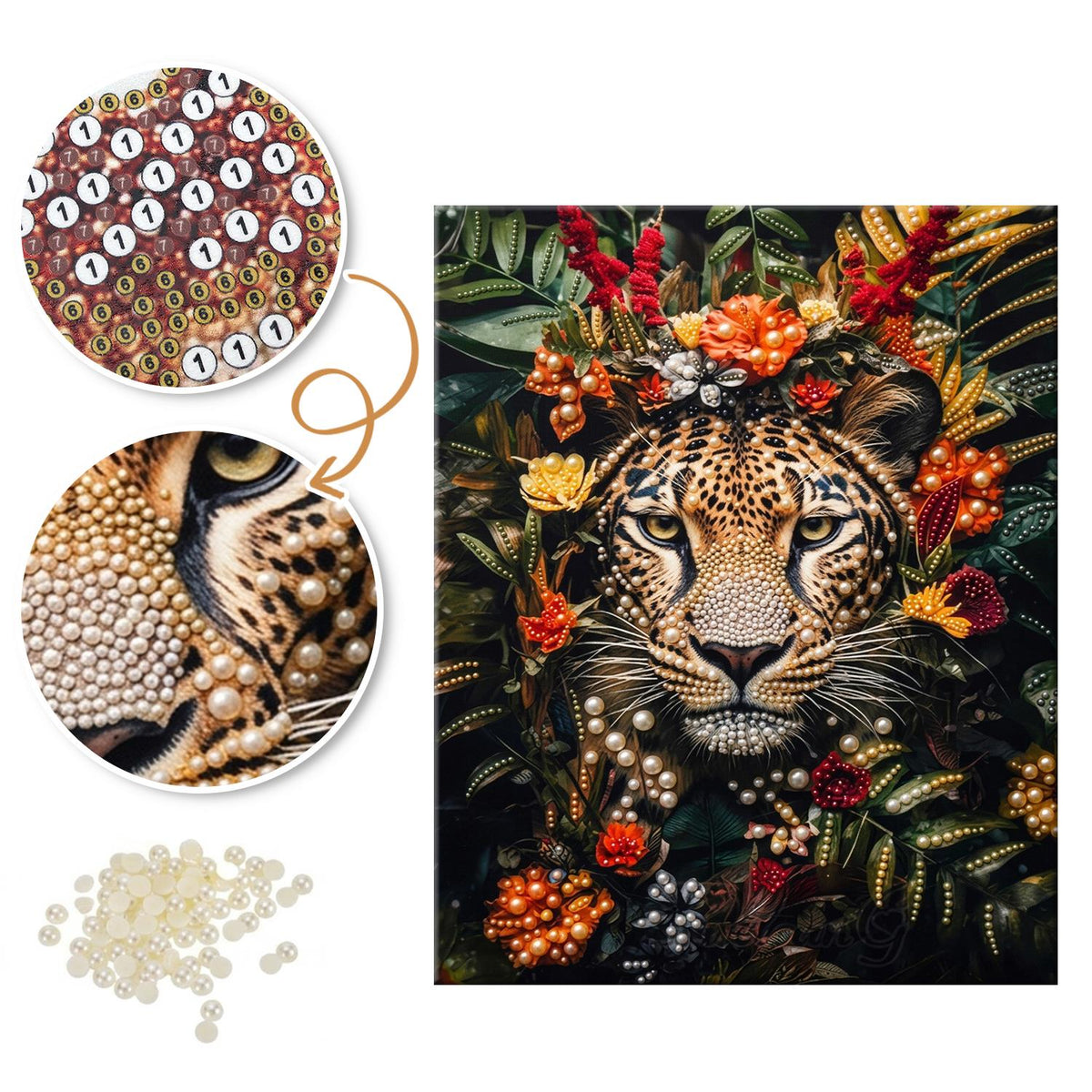 Leopard Framed in Red Blooms pearl painting – image 6