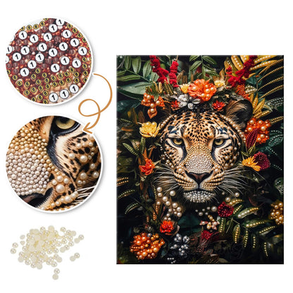 Leopard Framed in Red Blooms pearl painting – image 6