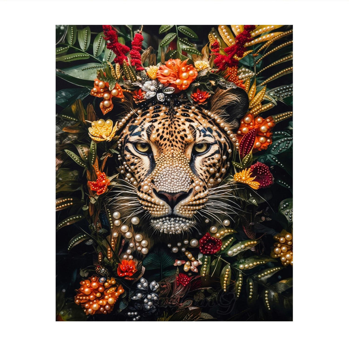 Leopard Framed in Red Blooms pearl painting – image 11