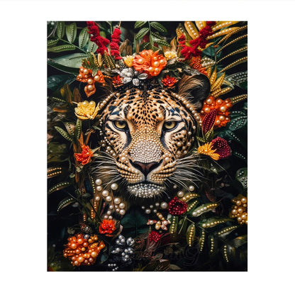 Leopard Framed in Red Blooms pearl painting – image 11
