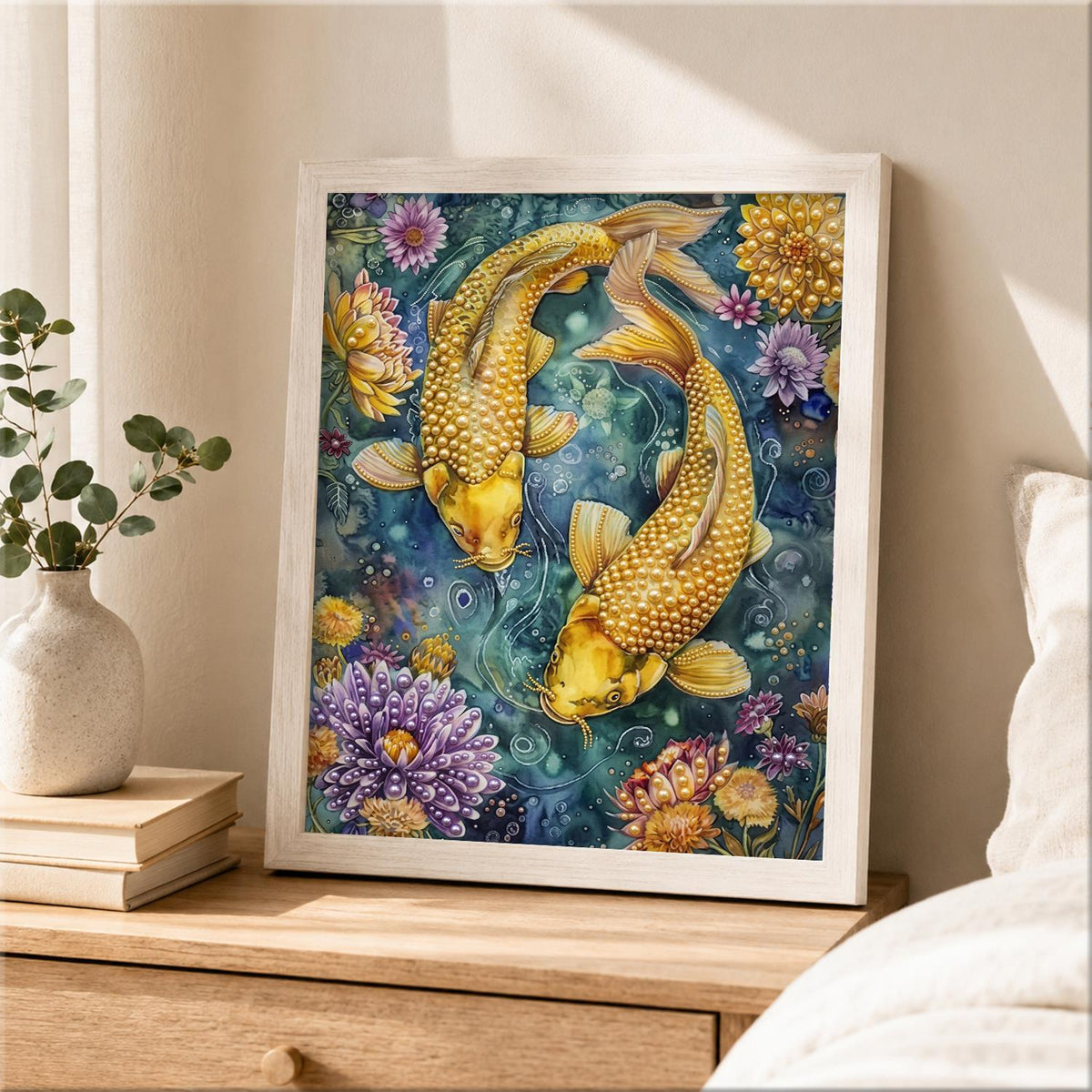 Twin Koi in a Lotus Pond pearl painting – image 2