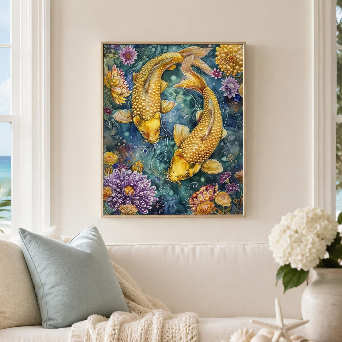Twin Koi in a Lotus Pond pearl painting – image 3
