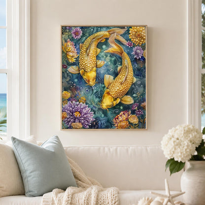 Twin Koi in a Lotus Pond pearl painting – image 3