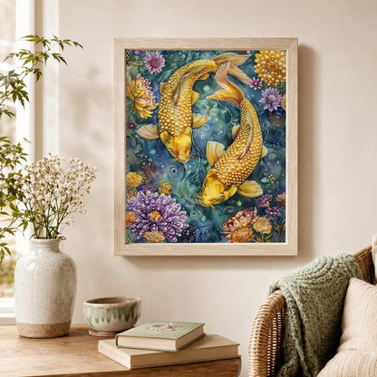 Twin Koi in a Lotus Pond pearl painting – image 4