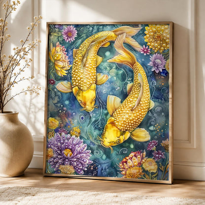 Twin Koi in a Lotus Pond pearl painting – image 5