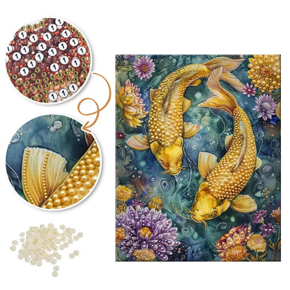 Twin Koi in a Lotus Pond pearl painting – image 6