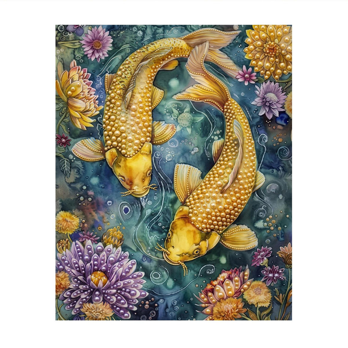 Twin Koi in a Lotus Pond pearl painting – image 11