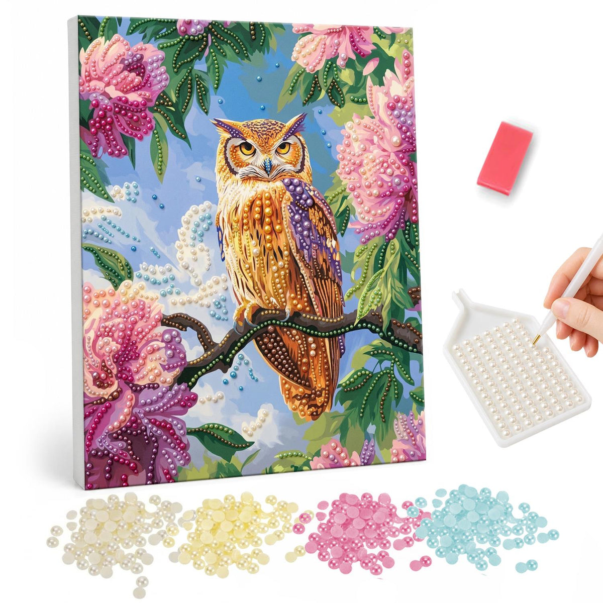 Horned Owl on a Peony Branch pearl painting – Brown horned owl with amber eyes perched on a branch among pink peonies under a blue sky