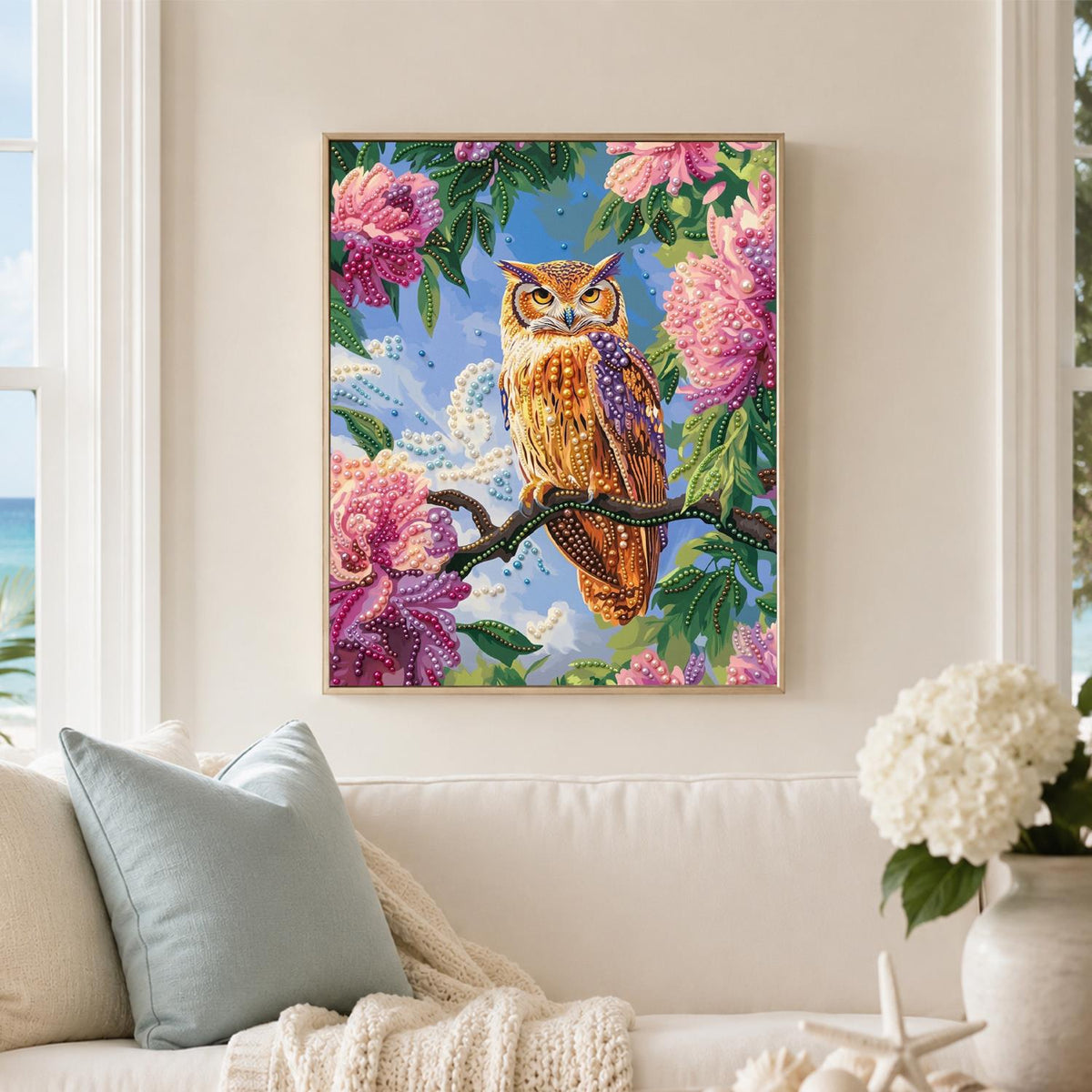 Horned Owl on a Peony Branch pearl painting – image 3