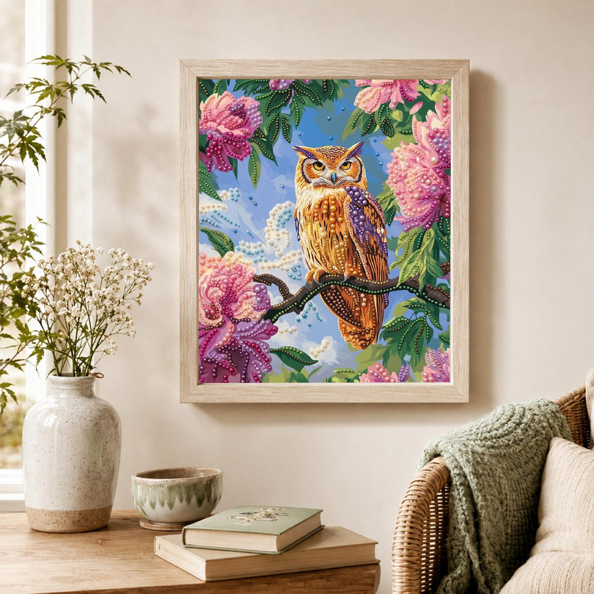 Horned Owl on a Peony Branch pearl painting – image 4
