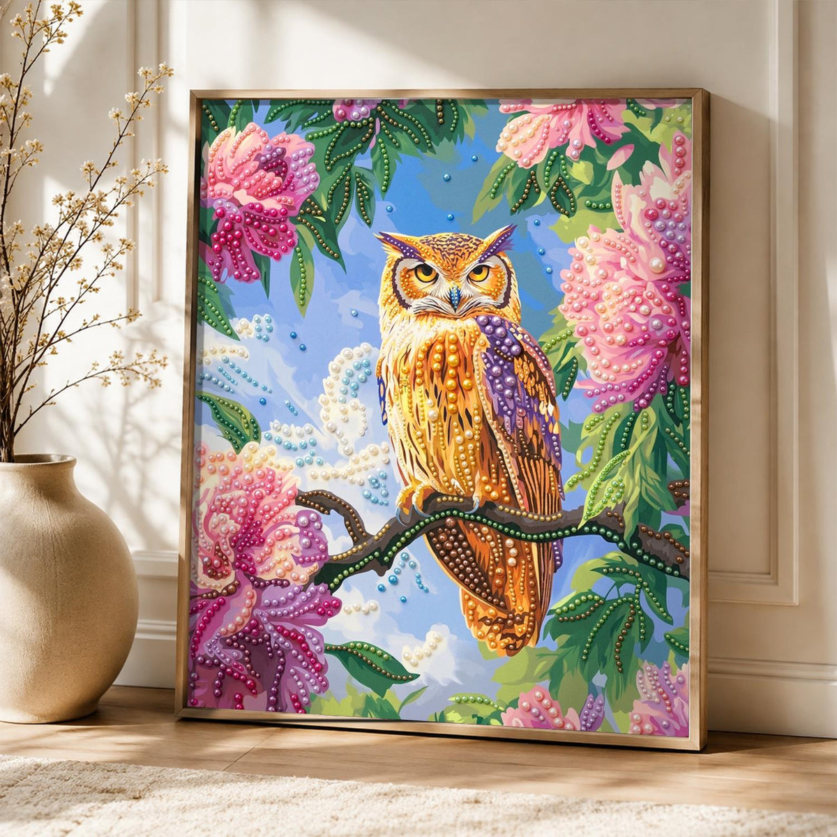 Horned Owl on a Peony Branch pearl painting – image 5