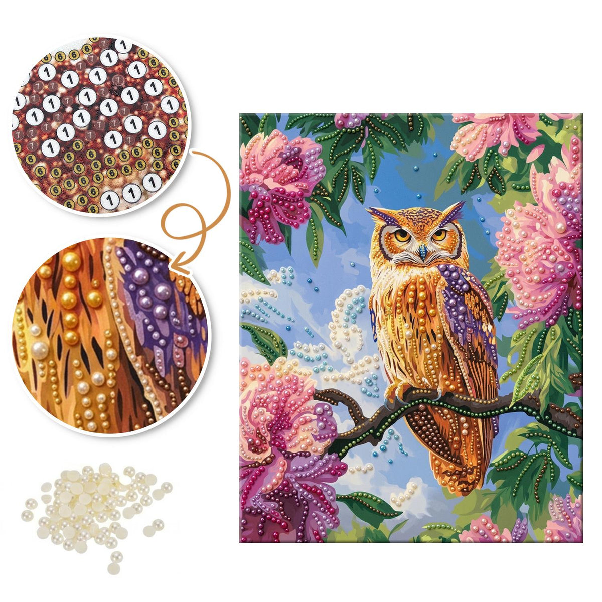 Horned Owl on a Peony Branch pearl painting – image 6