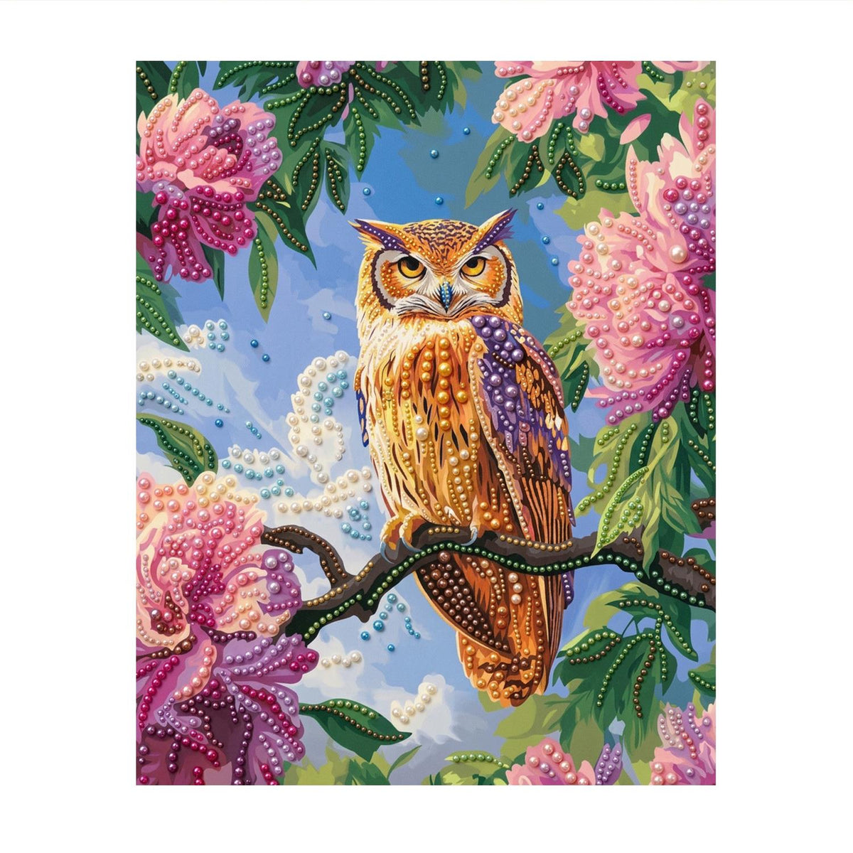 Horned Owl on a Peony Branch pearl painting – image 11
