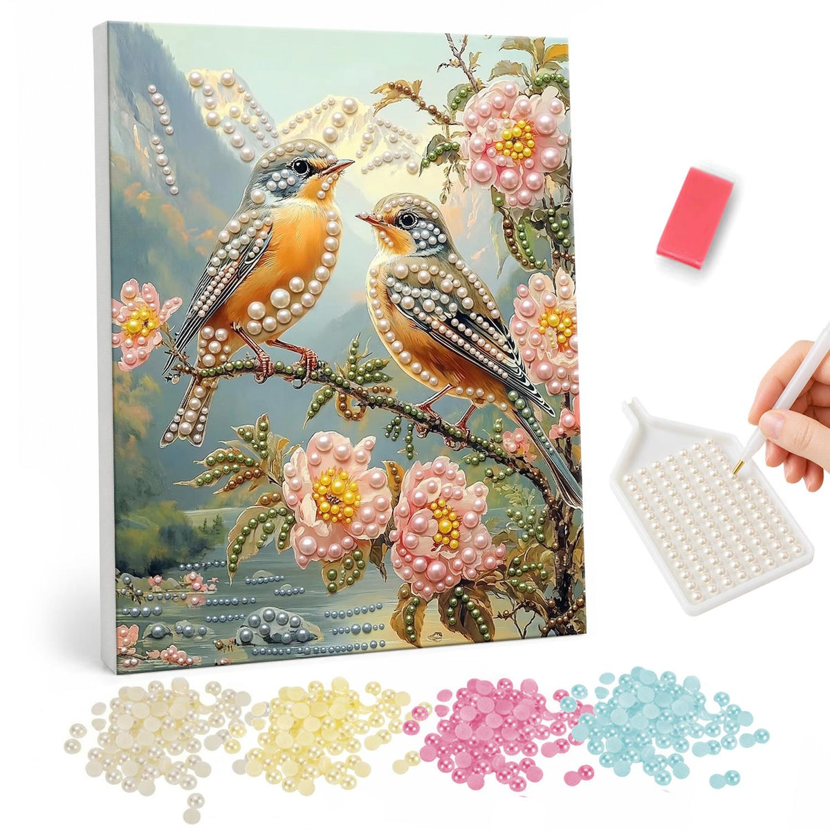 Songbird Pair in Pink Blossom pearl painting – Two orange-breasted songbirds perched on a branch of pink blossoms with misty mountains behind