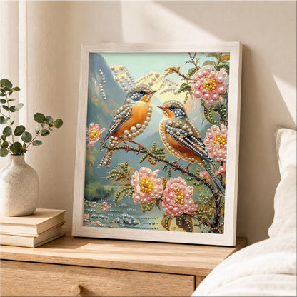 Songbird Pair in Pink Blossom pearl painting – image 2