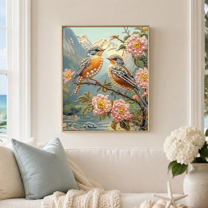 Songbird Pair in Pink Blossom pearl painting – image 3