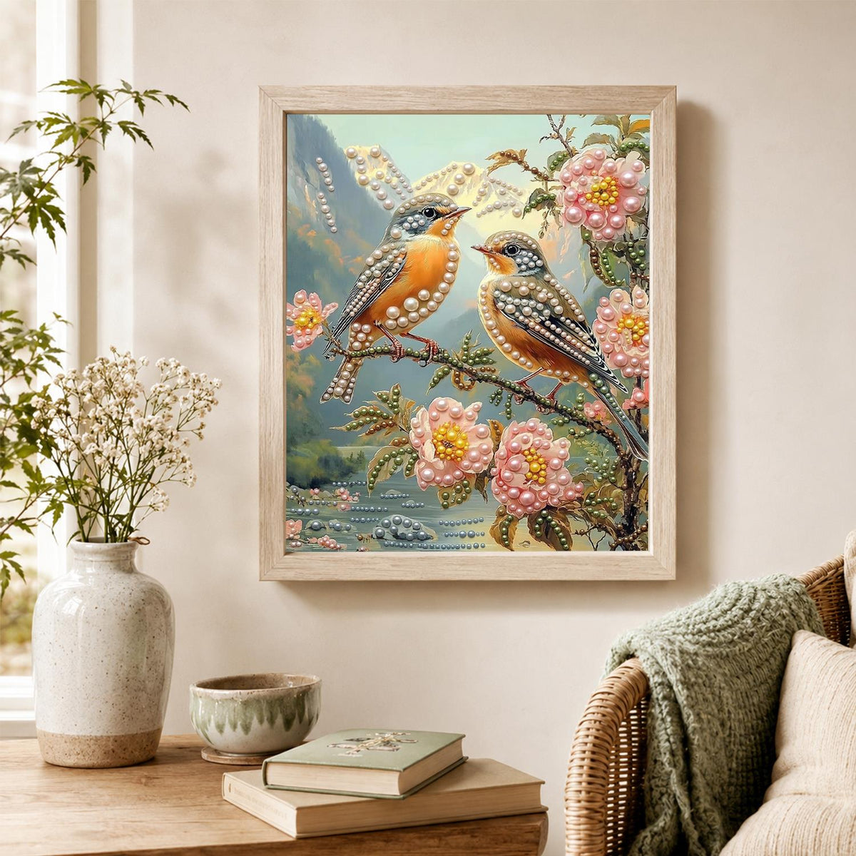 Songbird Pair in Pink Blossom pearl painting – image 4
