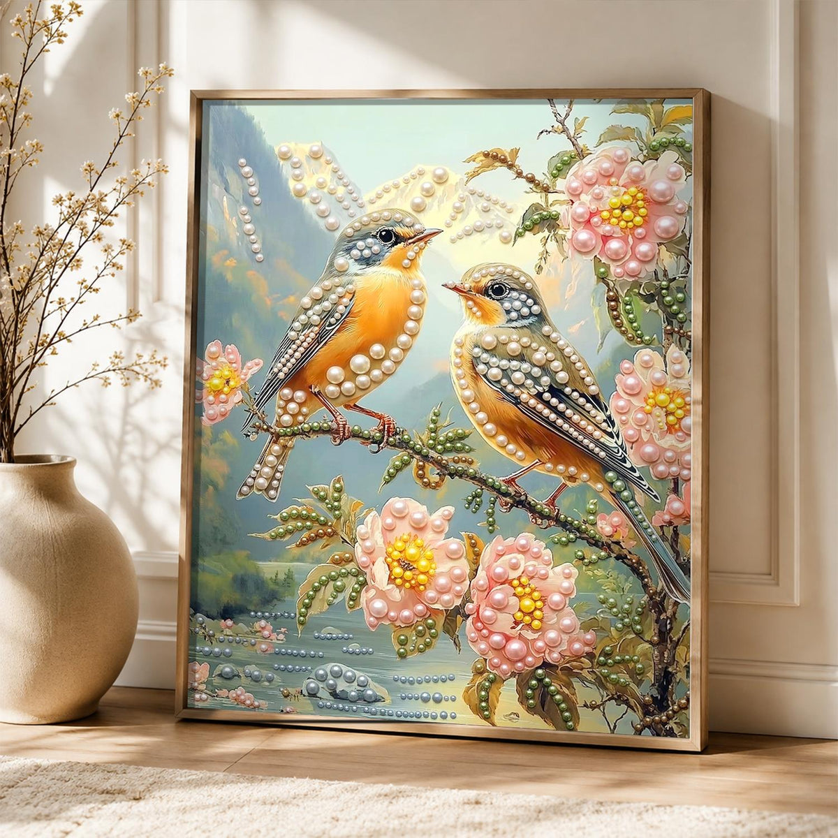 Songbird Pair in Pink Blossom pearl painting – image 5