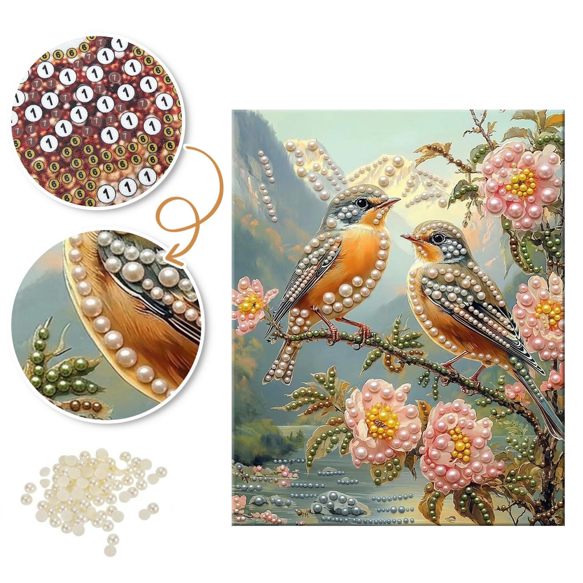 Songbird Pair in Pink Blossom pearl painting – image 6
