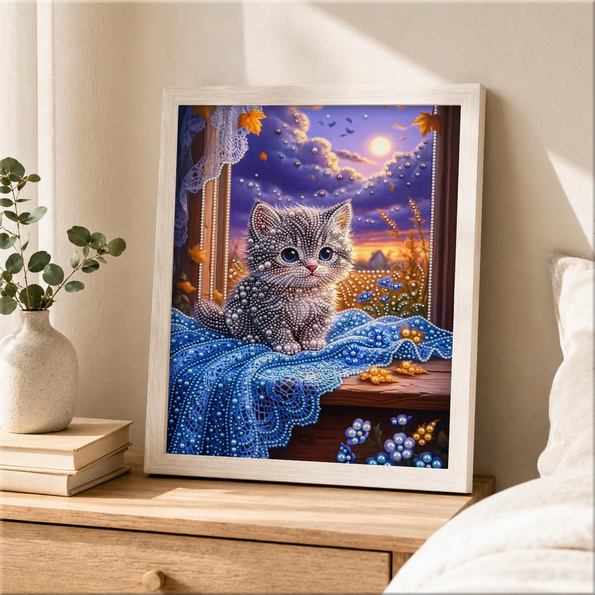 Gray Kitten on a Moonlit Sill pearl painting – image 2
