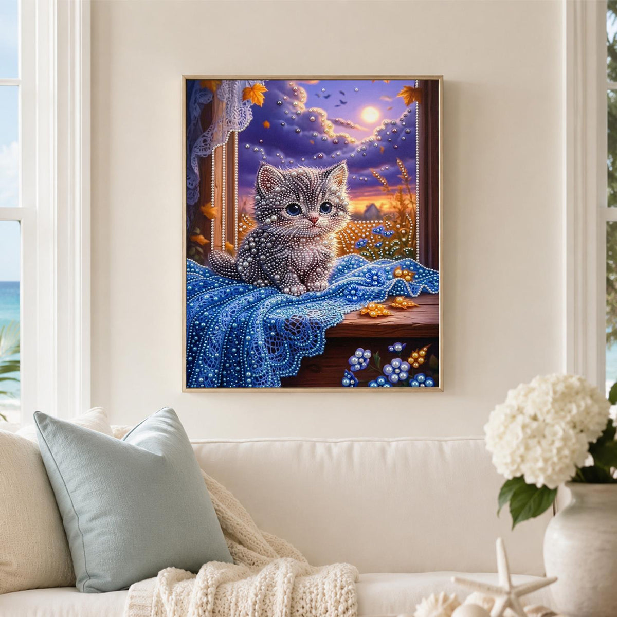 Gray Kitten on a Moonlit Sill pearl painting – image 3