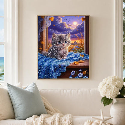 Gray Kitten on a Moonlit Sill pearl painting – image 3