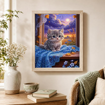 Gray Kitten on a Moonlit Sill pearl painting – image 4