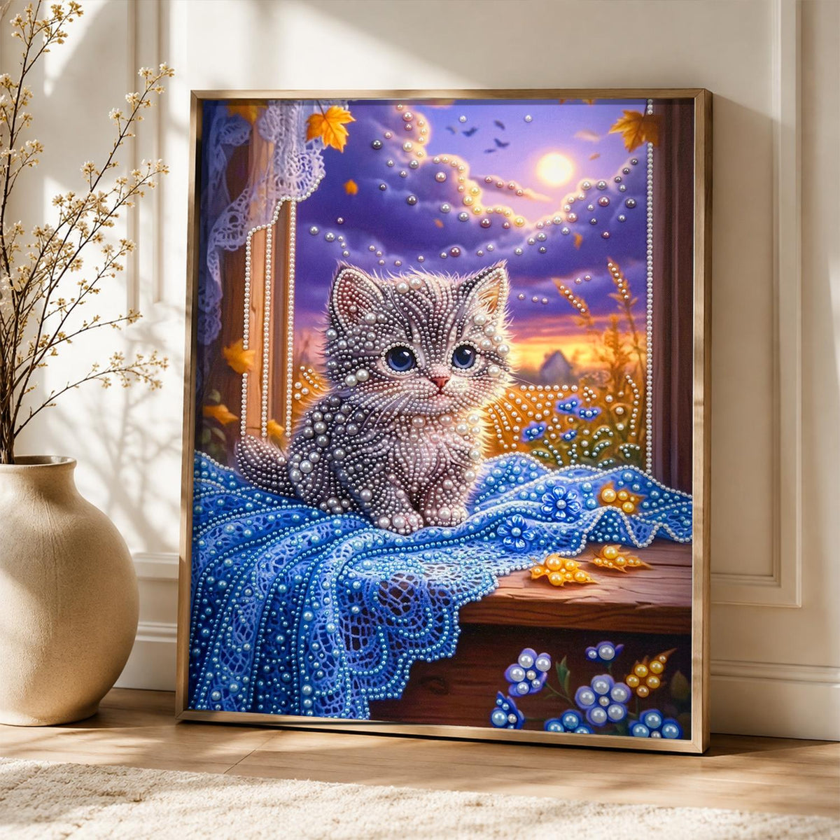 Gray Kitten on a Moonlit Sill pearl painting – image 5