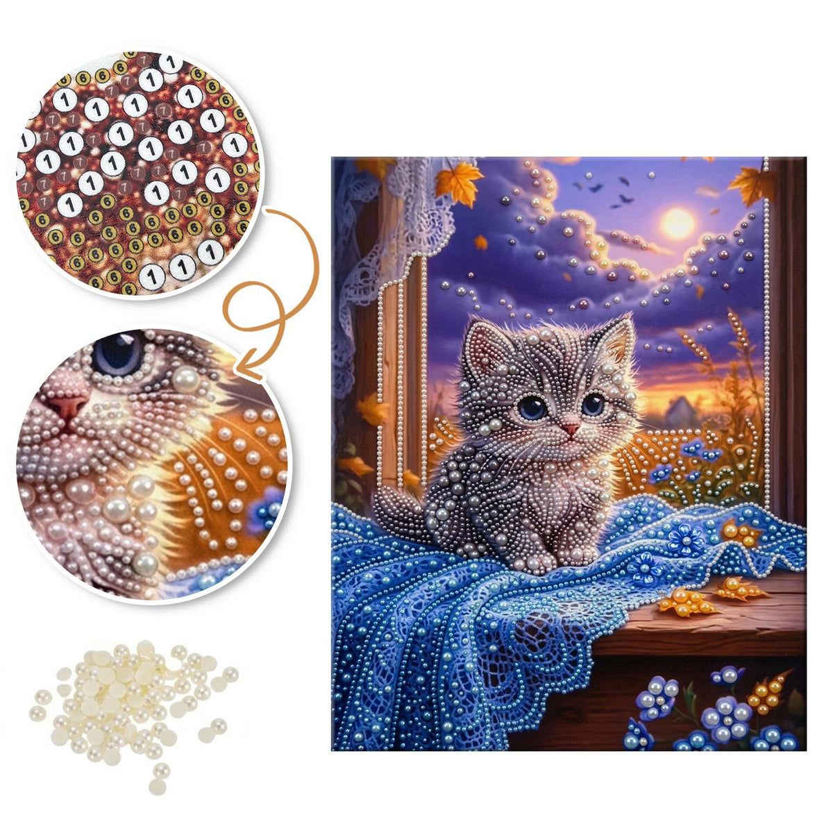 Gray Kitten on a Moonlit Sill pearl painting – image 6