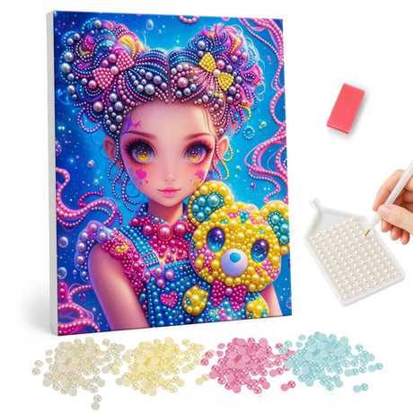 Doll-Eyed Girl with Yellow Teddy pearl painting – Big-eyed girl with pink braided buns holding a yellow teddy bear amid pink swirls on blue